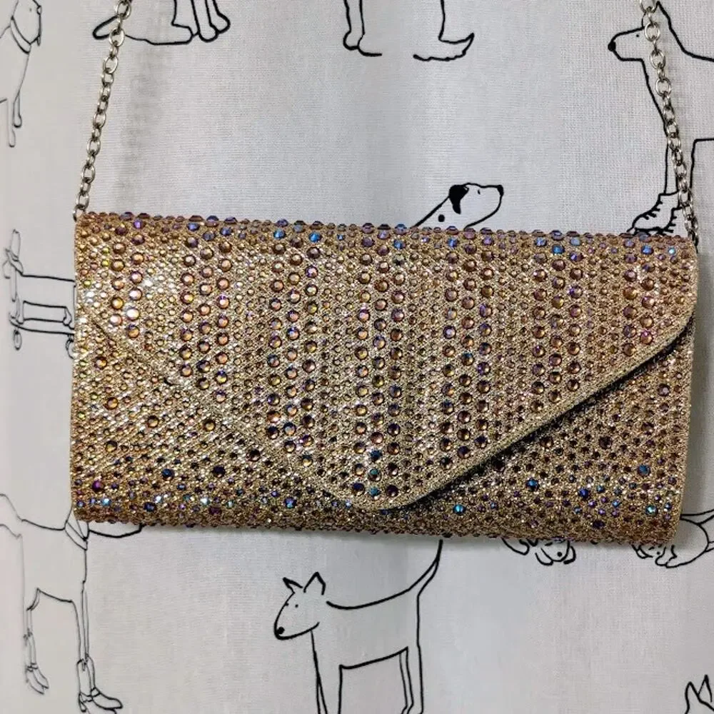 Rhinestone Beaded Gold Sparkle Clutch Bag Detachable Chain Prom Wedding Formal